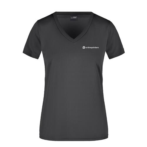 T-shirt noir � col en V pour femmes en polyester.