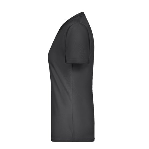 T-shirt noir en polyester pour femmes avec col en V et manches courtes.