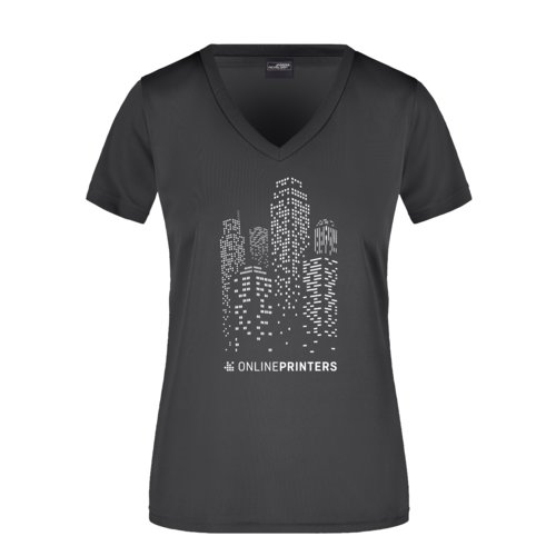 T-shirt noir  col en V pour femmes en polyester.