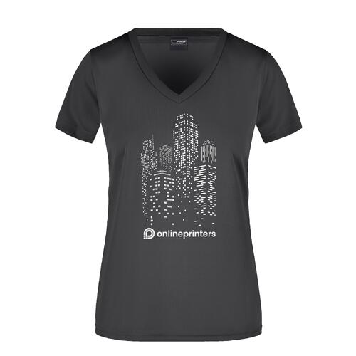 T-shirt noir � col en V pour femmes en polyester.