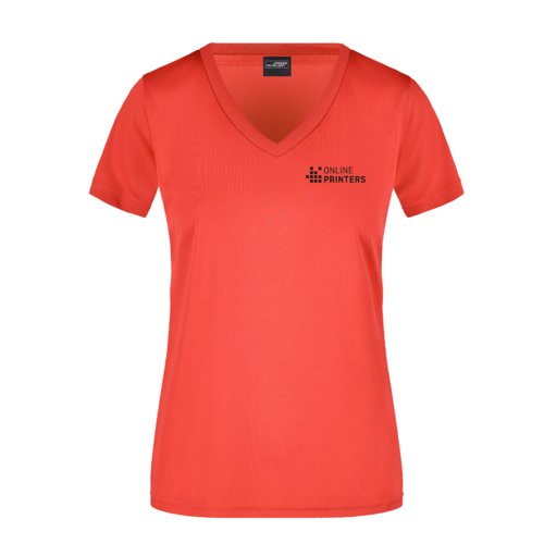 T-shirt rouge en polyester pour femme avec col en V et manches courtes.