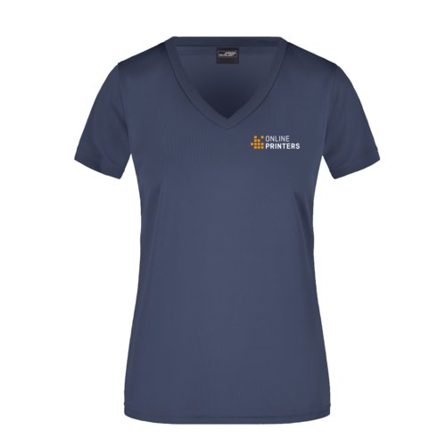 T-shirt femme bleu-noir en polyester avec col en V.