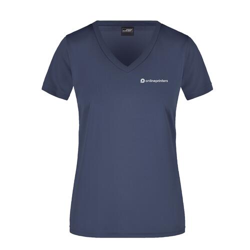 T-shirt femme bleu-noir en polyester avec col en V.