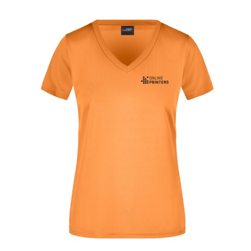 T-shirt orange en polyester avec col en V pour femmes.