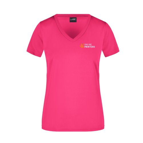 T-shirt rose en polyester pour femmes avec col en V et manches courtes.