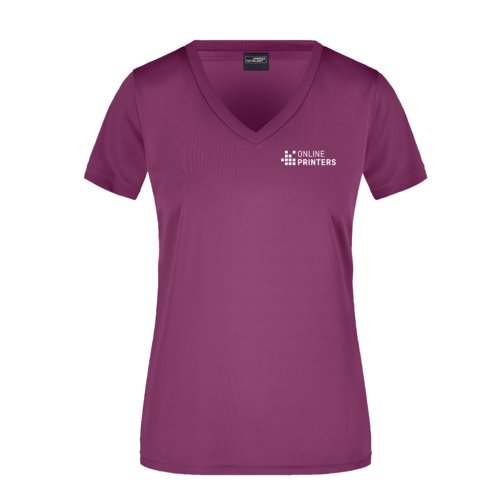 T-shirt violet en polyester avec col en V pour femmes.