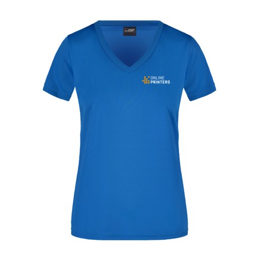 T-shirt en polyester bleu roi pour femmes avec col en V et manches courtes.