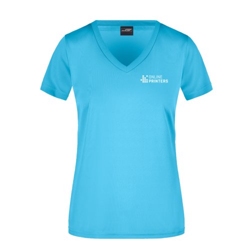 T-shirt turquoise en polyester avec col en V pour femmes.