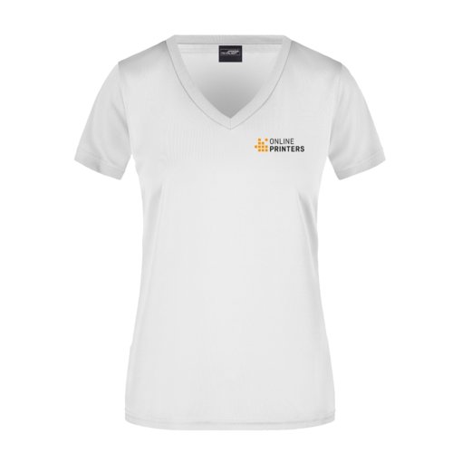 T-shirt blanc en polyester pour femmes avec col en V et manches courtes.