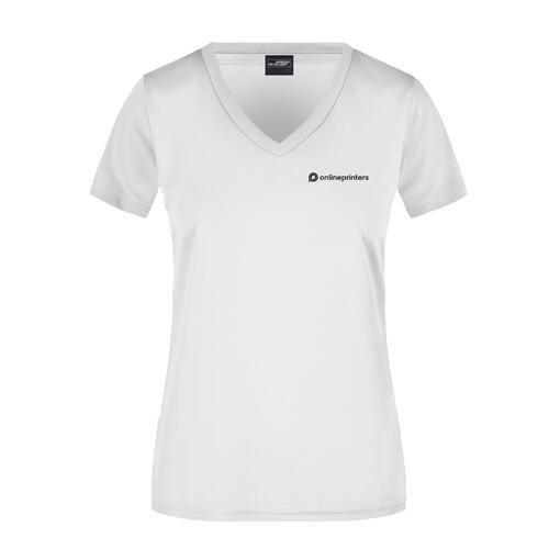 T-shirt blanc en polyester pour femmes avec col en V et manches courtes.