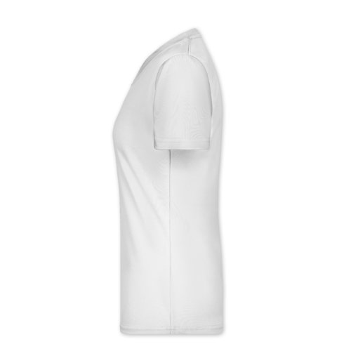 T-shirt blanc en polyester avec col en V pour femmes.