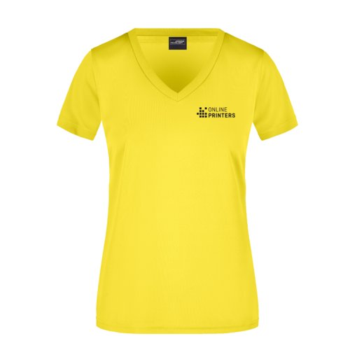 T-shirt jaune en polyester avec col en V pour femmes.