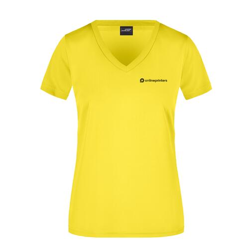 T-shirt jaune en polyester avec col en V pour femmes.