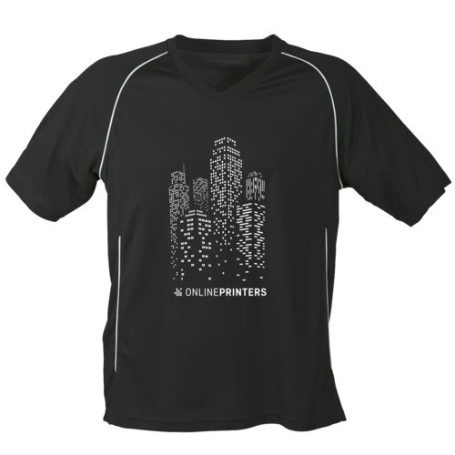 T-shirt noir et blanc en polyester avec col en V et manches courtes.