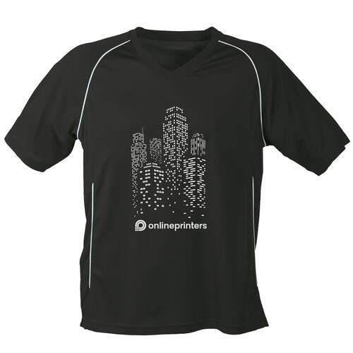 T-shirt noir et blanc en polyester avec col en V et manches courtes.