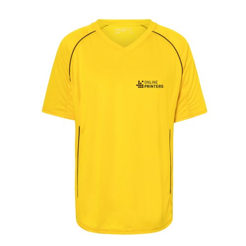 T-shirt jaune en polyester avec col en V et manches courtes.