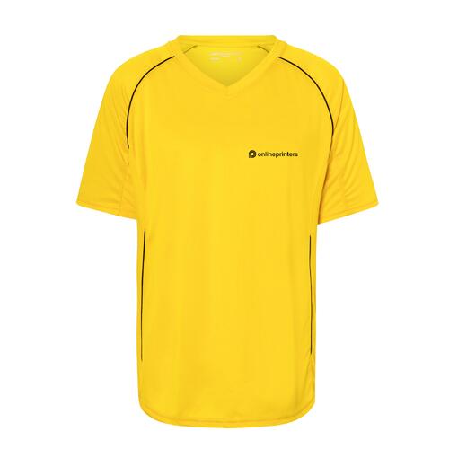 T-shirt jaune en polyester avec col en V et manches courtes.