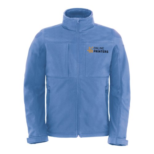 Veste softshell azur en polyester et lasthanne avec fermeture clair et poches.