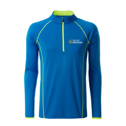 T-shirt  manches longues en polyester bleu et jaune non avec fermeture clair courte.