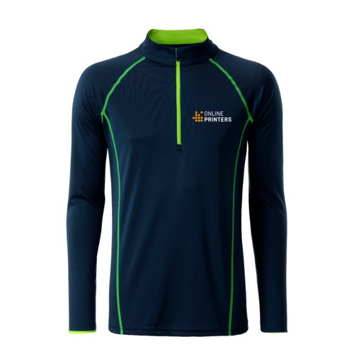T-shirt de sport bleu marine  manches longues en polyester avec fermeture clair courte.