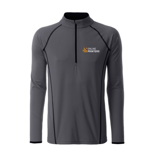 T-shirt  manches longues en polyester gris fonc avec fermeture clair courte.