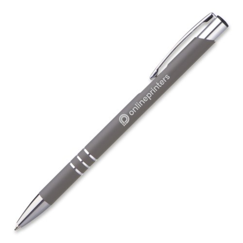 Stylo  bille en mtal gris avec clip et bouton poussoir.