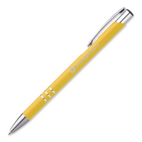 Stylo  bille en mtal jaune avec clip et bouton poussoir.