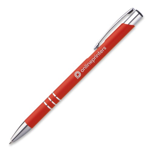 Stylo  bille en mtal rouge avec clip et bouton poussoir.