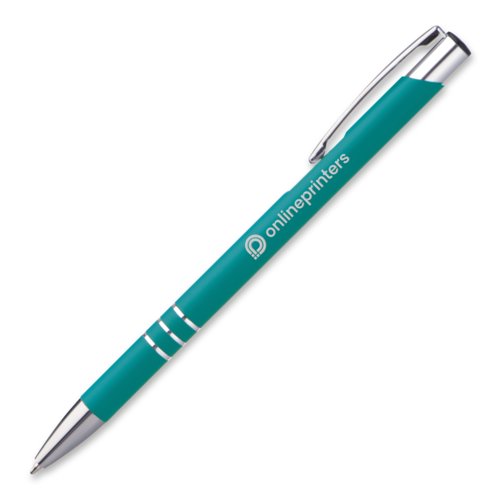 Stylo  bille en mtal turquoise avec clip et bouton poussoir.