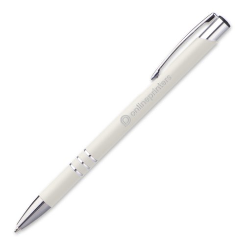 Stylo  bille en mtal blanc avec clip et bouton-poussoir.