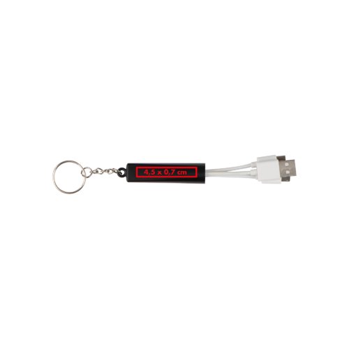 Cble de charge USB noir avec porte-cls et trois connecteurs diffrents.