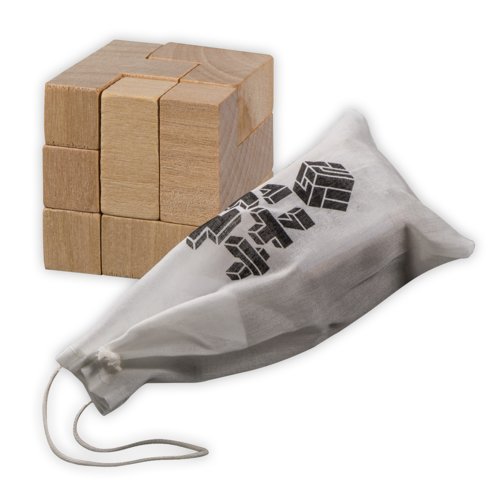 Puzzle en bois en forme de cube avec sac en coton.