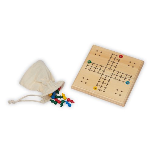 Jeu de socit en bois marron avec pices et sac en coton.