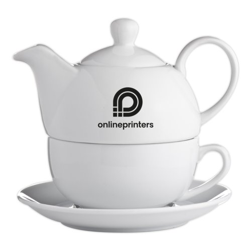 Ensemble  th en cramique blanche comprenant une thire, une tasse et une soucoupe.