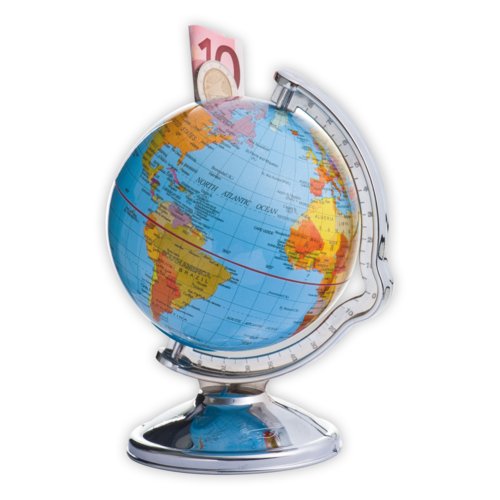 Tirelire en forme de globe avec fente et base argente.