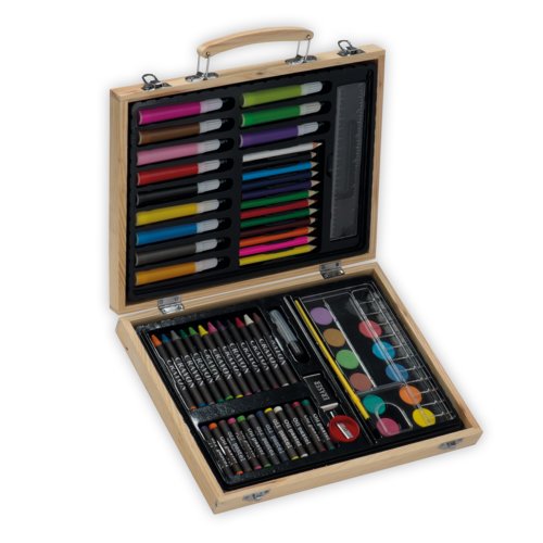 Set de peinture en bois marron avec diverses fournitures d'art.