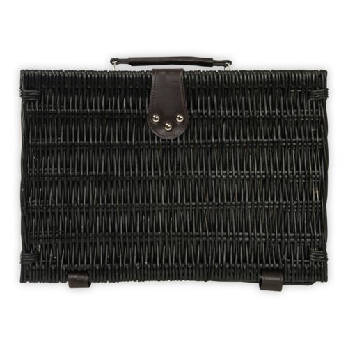 Panier de pique-nique noir en osier avec poigne de transport.