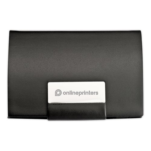 Porte-cartes de visite en cuir noir avec fermeture magntique.