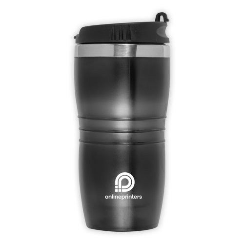 Gobelet noir en acier inoxydable avec couvercle.