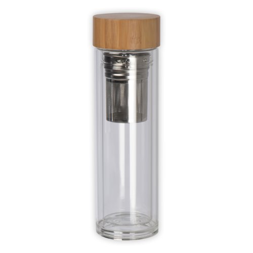 Bouteille en verre transparent avec couvercle en bambou et filtre en mtal.