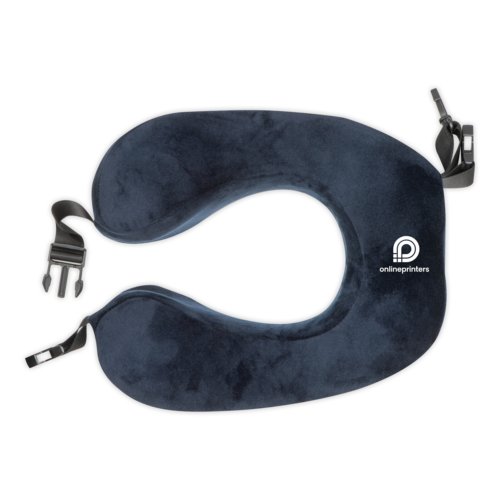 Oreiller de nuque en peluche bleue avec fermeture rglable.