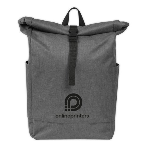 Sac  dos en tissu gris avec fermeture enroulable et bretelles rglables.