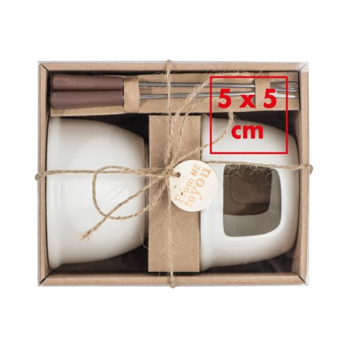 Set  fondue au chocolat en cramique blanche avec fourchettes.