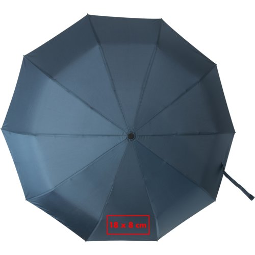 Parapluie de poche automatique bleu avec housse et poigne.