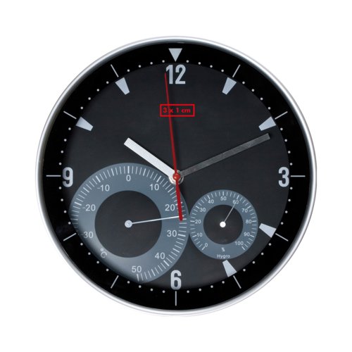 Horloge murale noire avec thermomtre et hygromtre intgrs.
