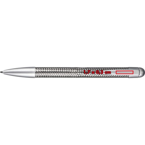 Stylo  bille en mtal argent avec clip et mcanisme  bouton-poussoir.