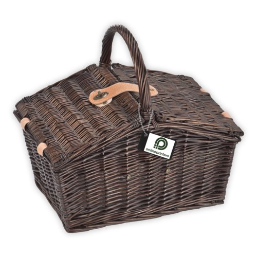 Panier de pique-nique en osier marron avec poigne et fermeture.
