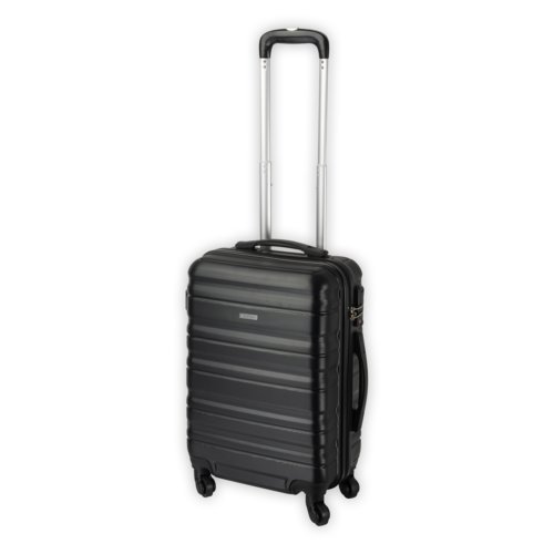 Trolley de voyage noir  coque rigide avec roulettes et poigne tlescopique.
