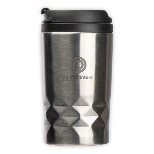 Gobelet isotherme argent en acier inoxydable avec couvercle noir.