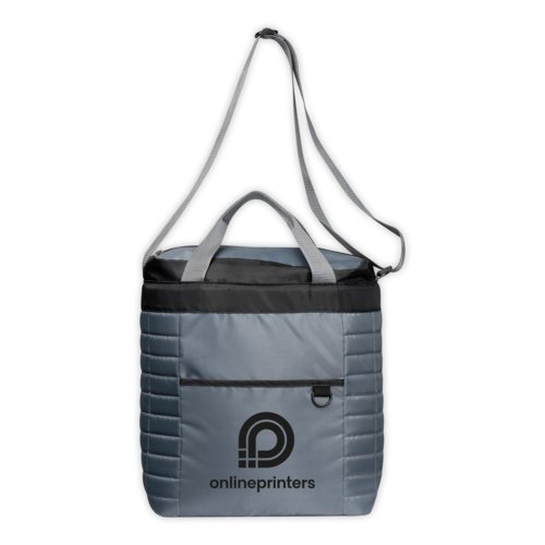 Sac isotherme gris en tissu avec poignes et bandoulire.